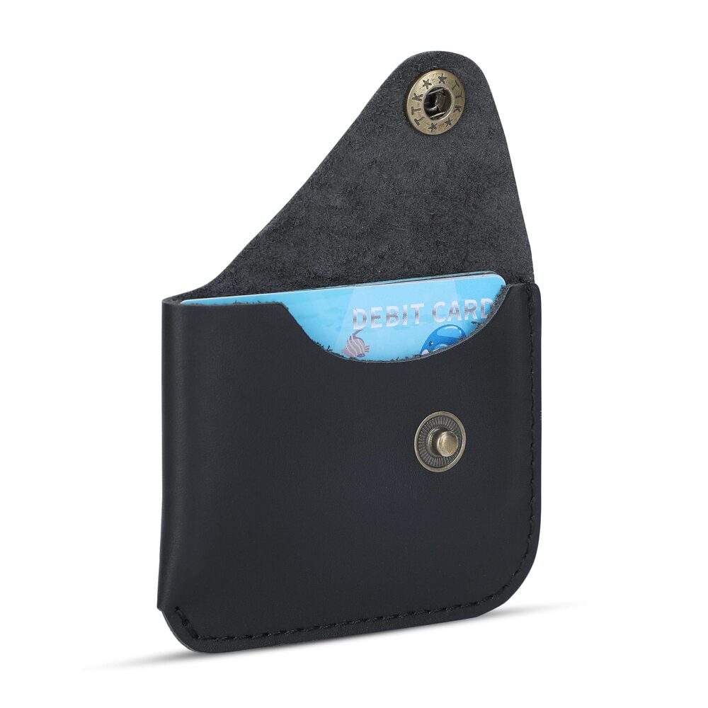 3577 Black Leather Card Holder with Single Button Closure - Leather Card